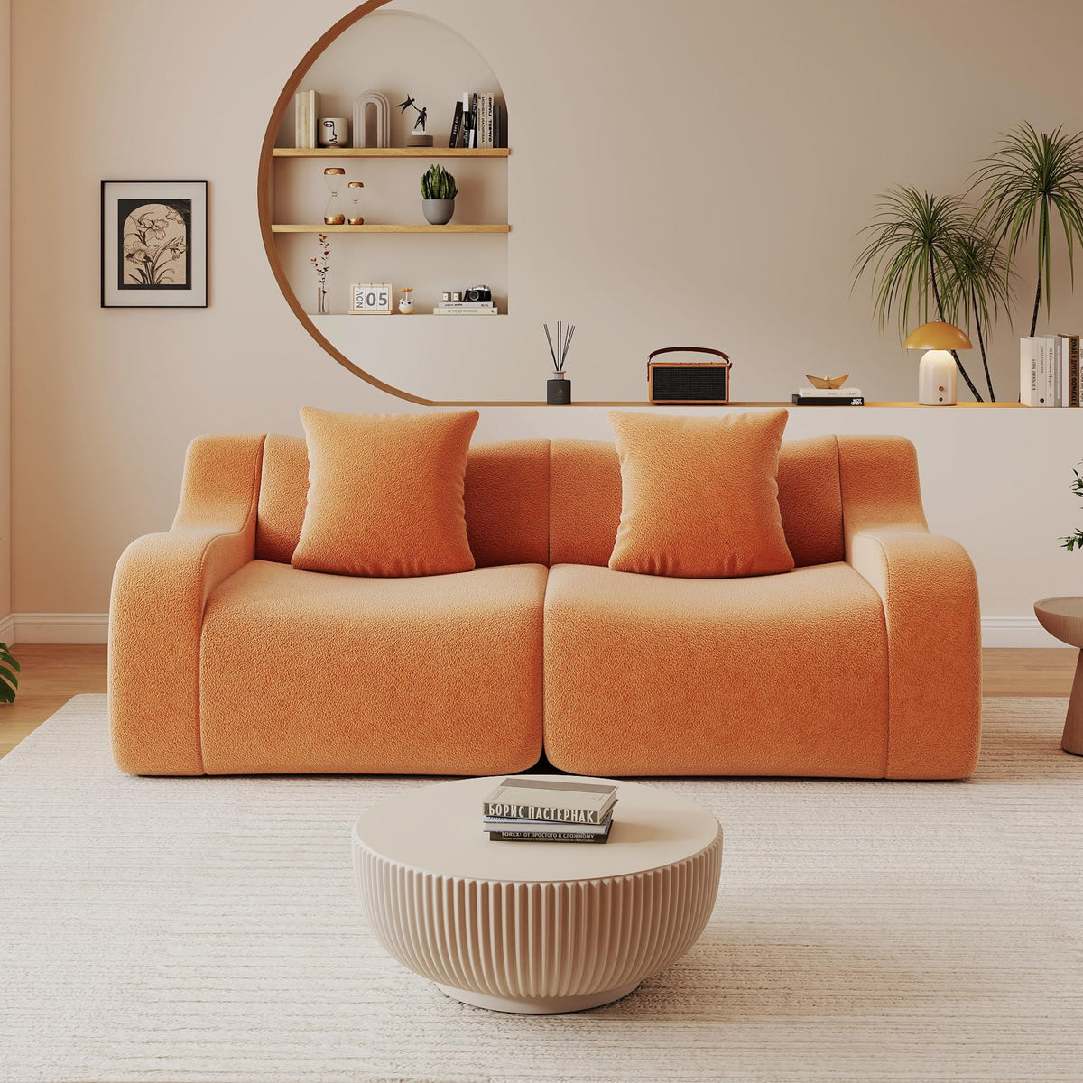 115.3" Modular Sectional Couches for Living Room, Teddy Deep Seat Sofa, 3 Seater Boneless Couch with 2 Ottoman,Orange