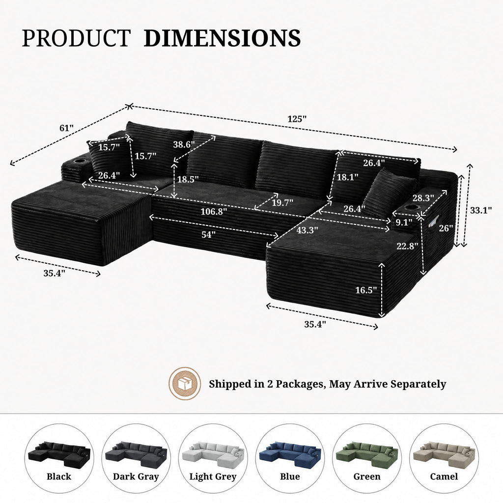 125" Cloud Sectional Boneless Couch for Living Room, Modular U Shaped Sofa