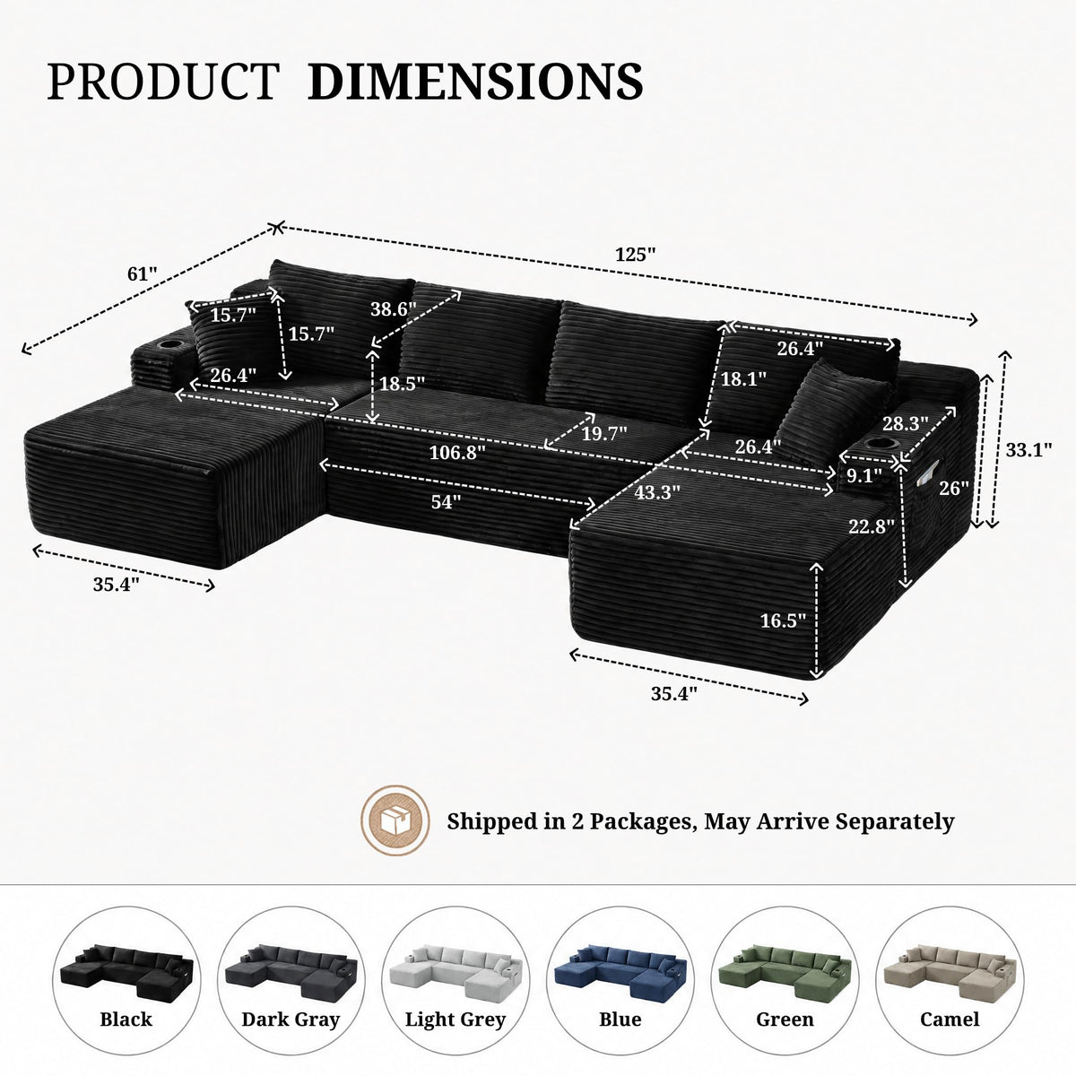 125" Cloud Sectional Boneless Couch for Living Room, Modular U Shaped Sofa