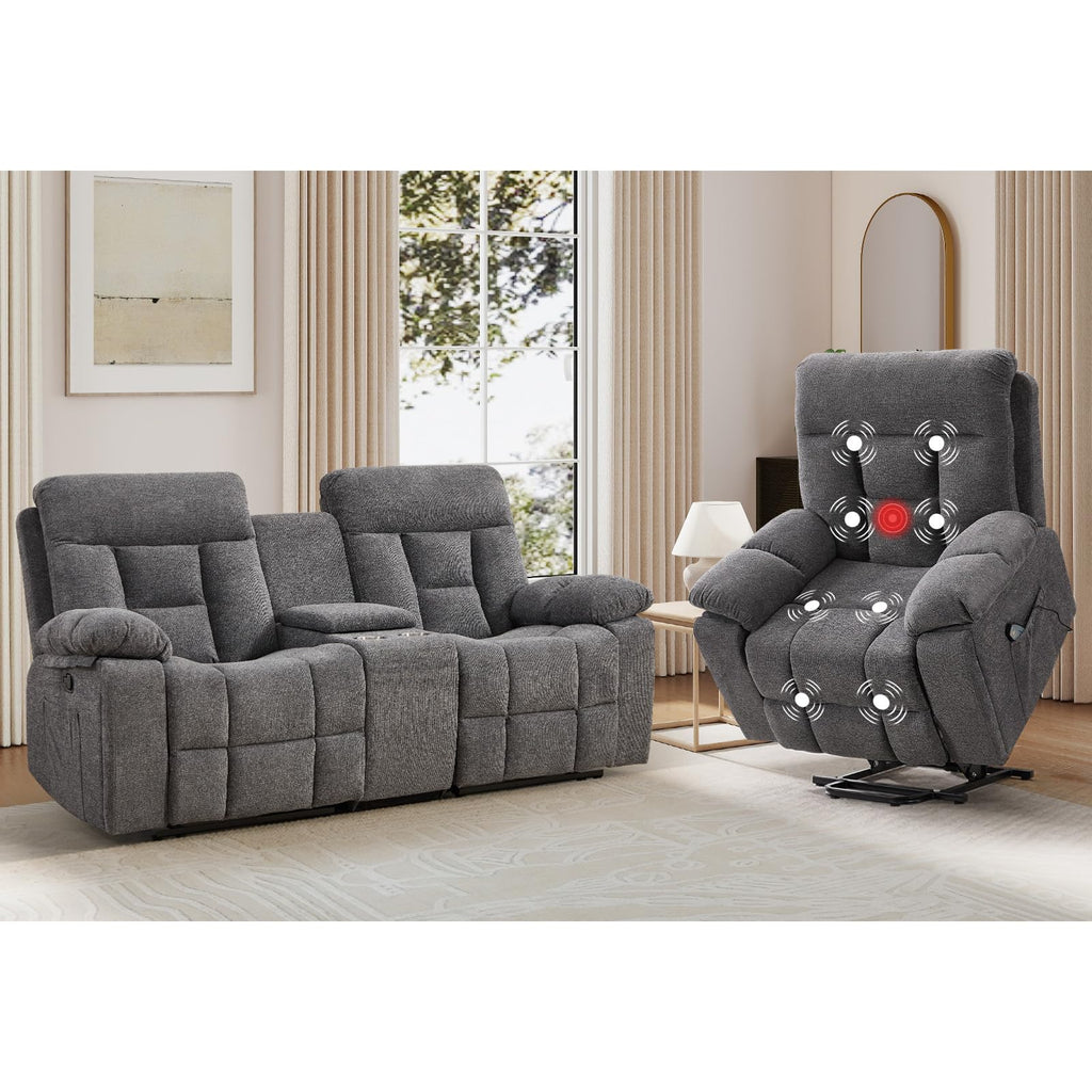 EBELLO 2 Piece Reclining Living Room Set, Soft Fabric Recliner Sofa Furniture Set, Included Power Lift Recliner Chair with Massage and Heat and 3 Seat Sofa, Dark Greenish-Grey