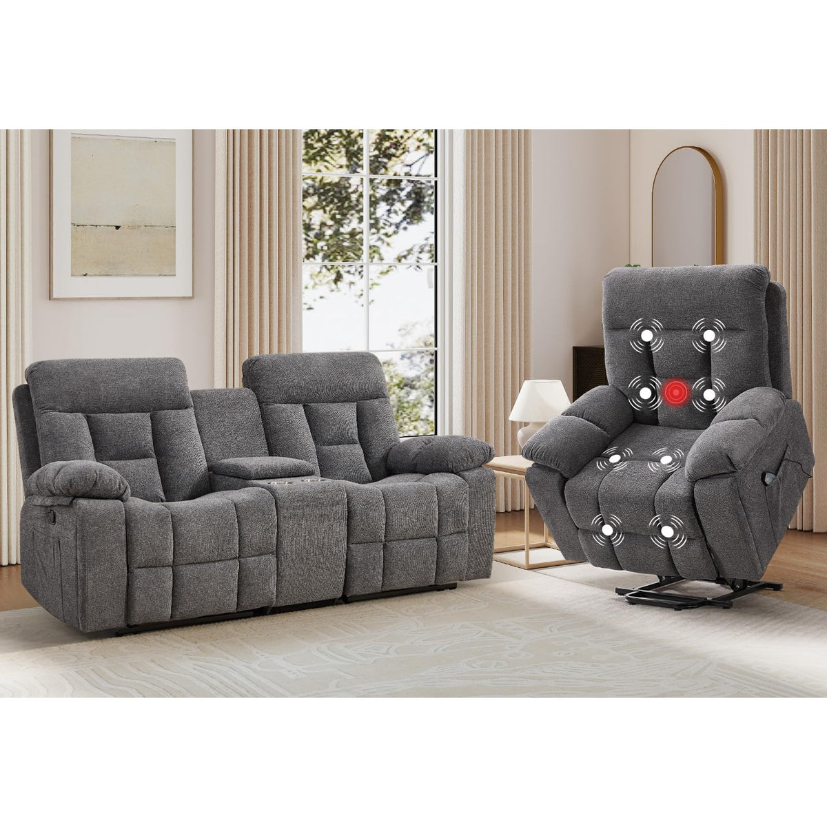 EBELLO 2 Piece Reclining Living Room Set, Soft Fabric Recliner Sofa Furniture Set, Included Power Lift Recliner Chair with Massage and Heat and 3 Seat Sofa, Dark Greenish-Grey