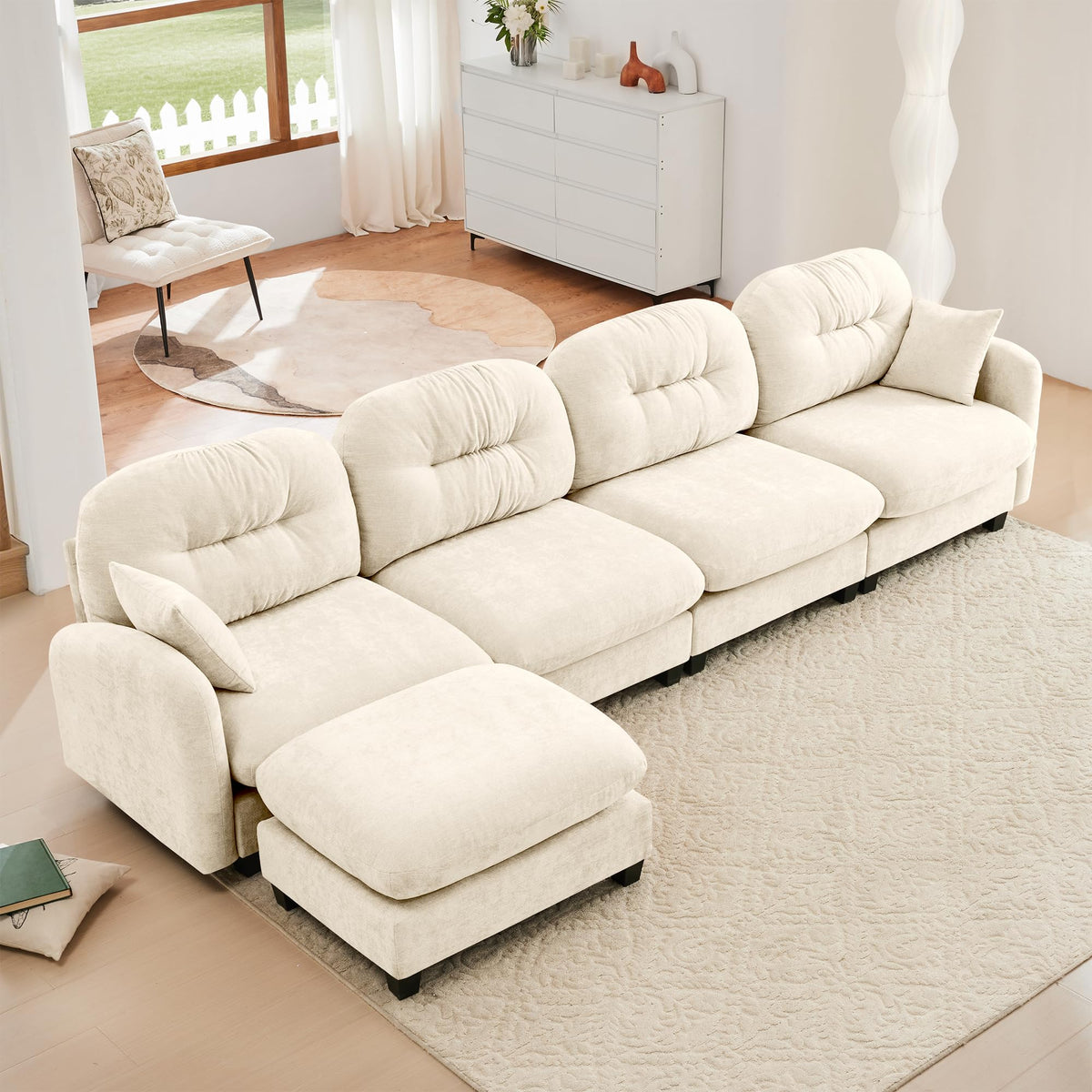 Tidyard Modular L-Shaped Sectional Couch with Ottoman, Soft Chenille Fabric, Ergonomic Design, Tufted Backrest, Easy Assembly, Fits Living Room, Bedroom, Beige