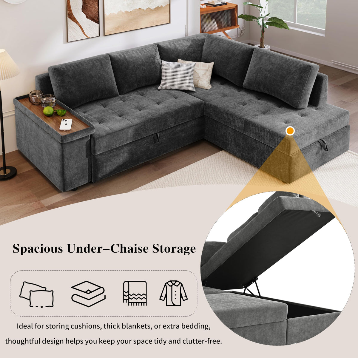 Tidyard L-Shaped Sectional Sofa with Pull-Out Bed & Hidden Storage, Convertible Sleeper for Living Room, Apartment, Bedroom – Wide Armrests, Under-Seat Storage