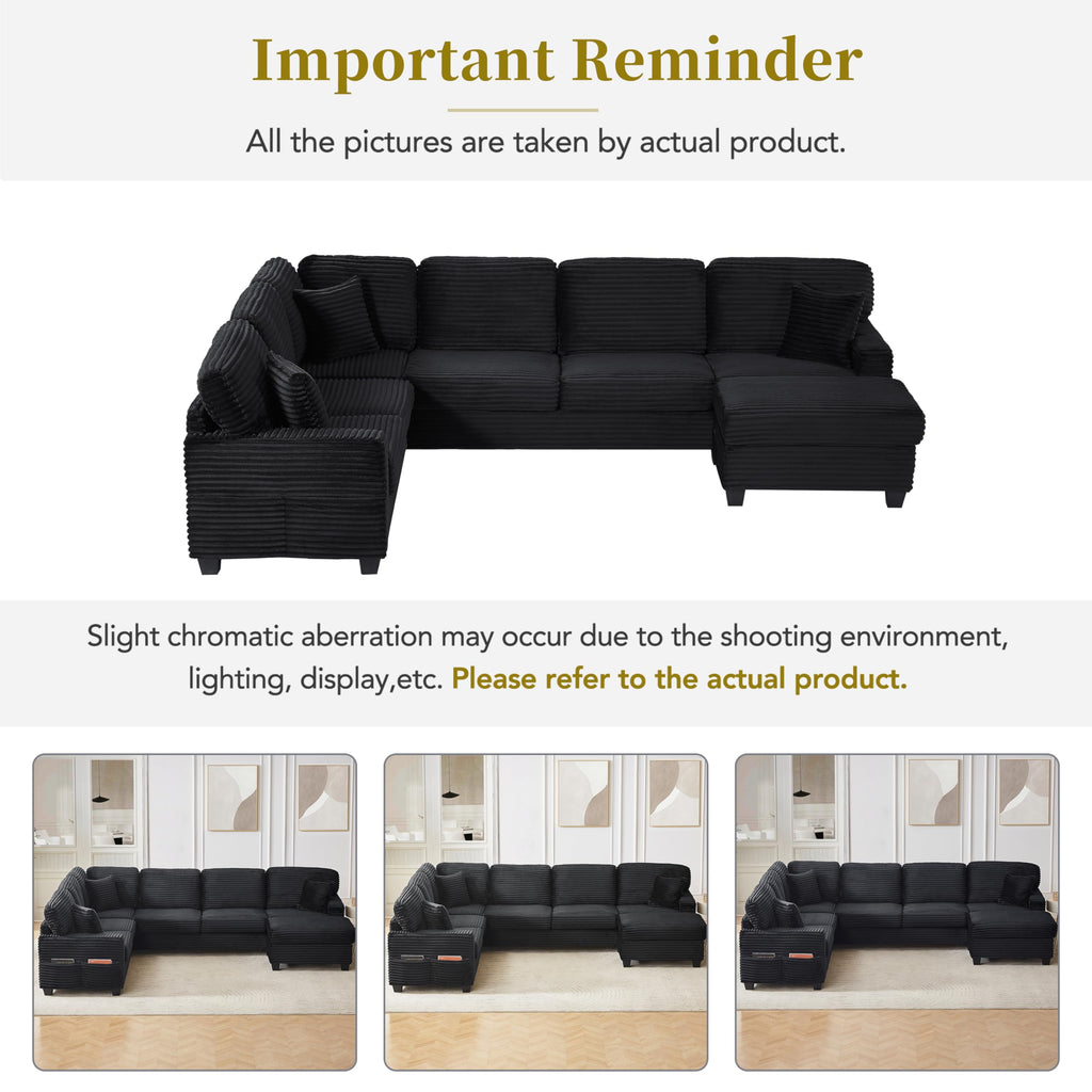 125.2" Sectional Sofa U-Shaped Upholstered Sofa L-Shaped Couch with a Movable Ottoman and Side Storage Pockets for Living Room, Black