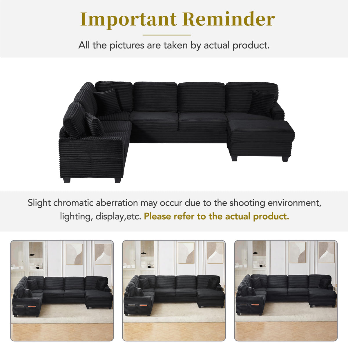 125.2" Sectional Sofa U-Shaped Upholstered Sofa L-Shaped Couch with a Movable Ottoman and Side Storage Pockets for Living Room, Black