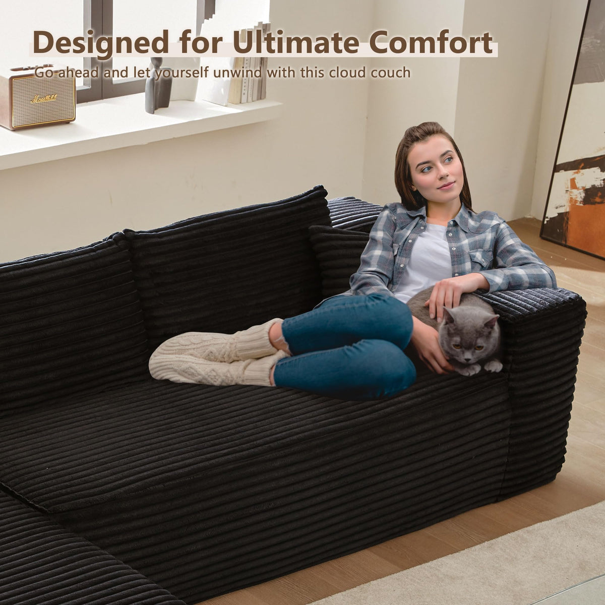 106" Modular Cloud Sectional Sofa Couch - L Shaped Lounge Couches for Living Room with Chaise,Mdoren Minimalist Sleeper Sofa,Deep Seat,No Assembly Required (Black,Plush Fur, Left Facing Chaise)