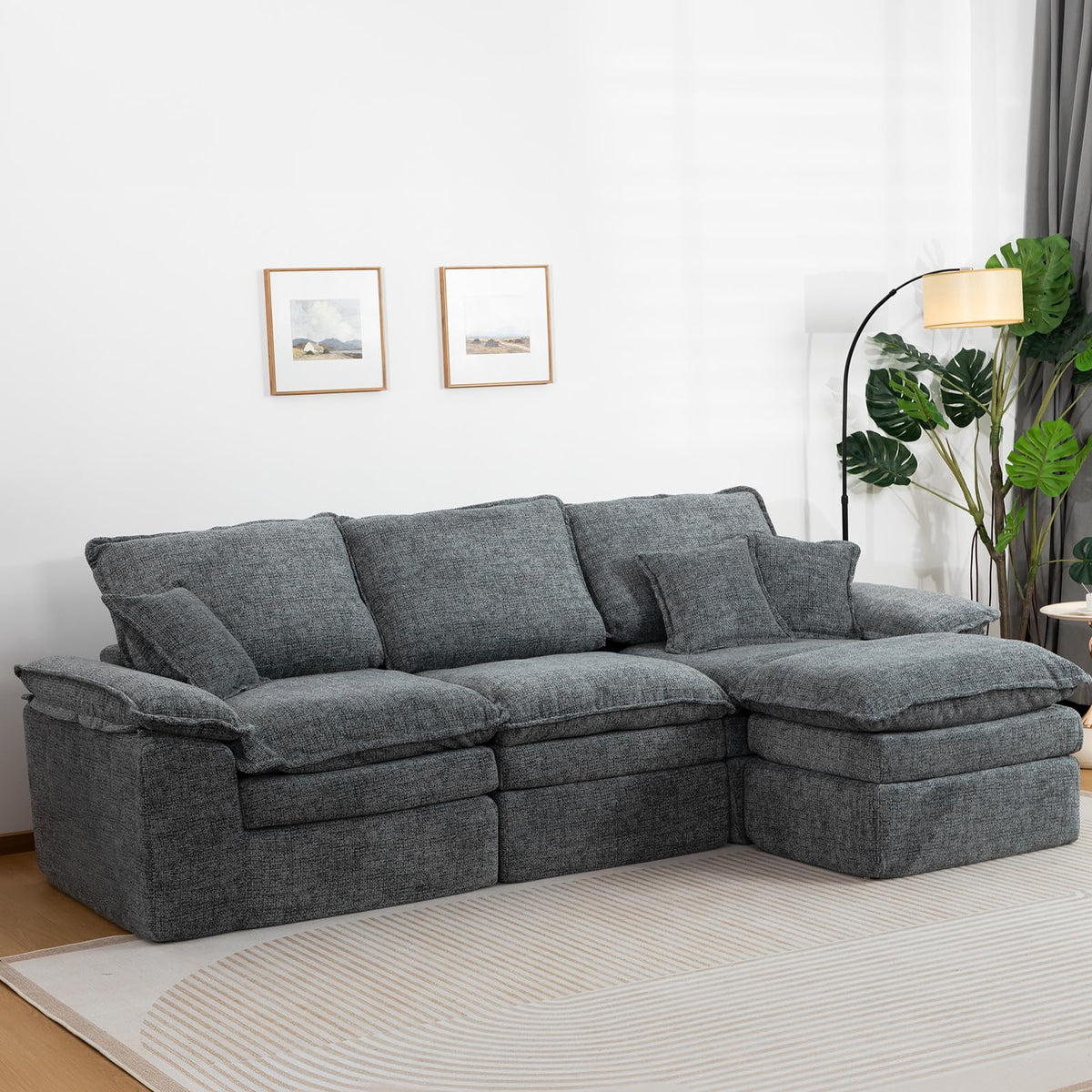 110" L-Shaped Sofa Bed,3-Layer Cushion Modular Sectional Boneless Couch
