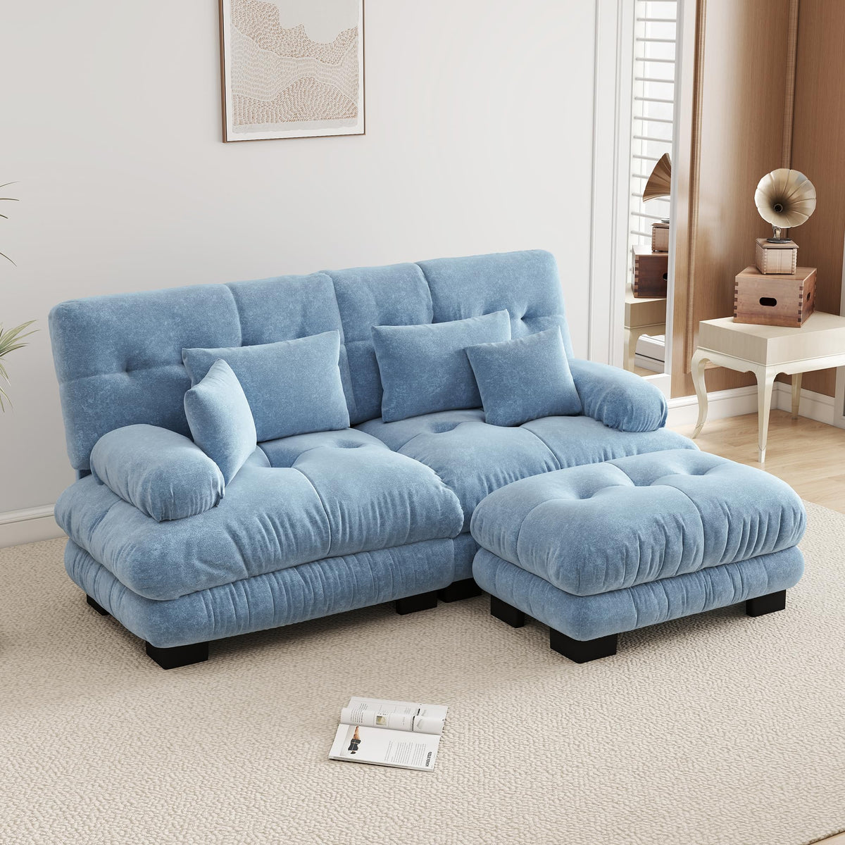 Velvet Modular Sectional Sofa,130" W Oversized U Shape Cloud Couch with 2 Ottomans,Free Combined 3 Seater Comfy Sofa with Bolster Armrest Pillows,Green for Living Room