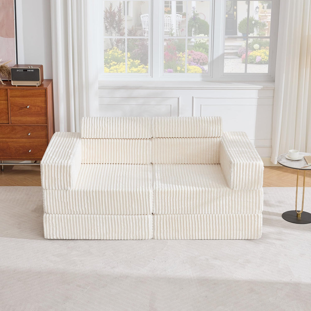 Tbfit 142” Modular L Shaped Sectional Boneless Couch, Convertible Futon Sofa Bed, Corduroy Cloud Mattress Sleeper Sofa, Comfy Folding Upholstered Floor Couches for Living Room, Bedroom, Beige