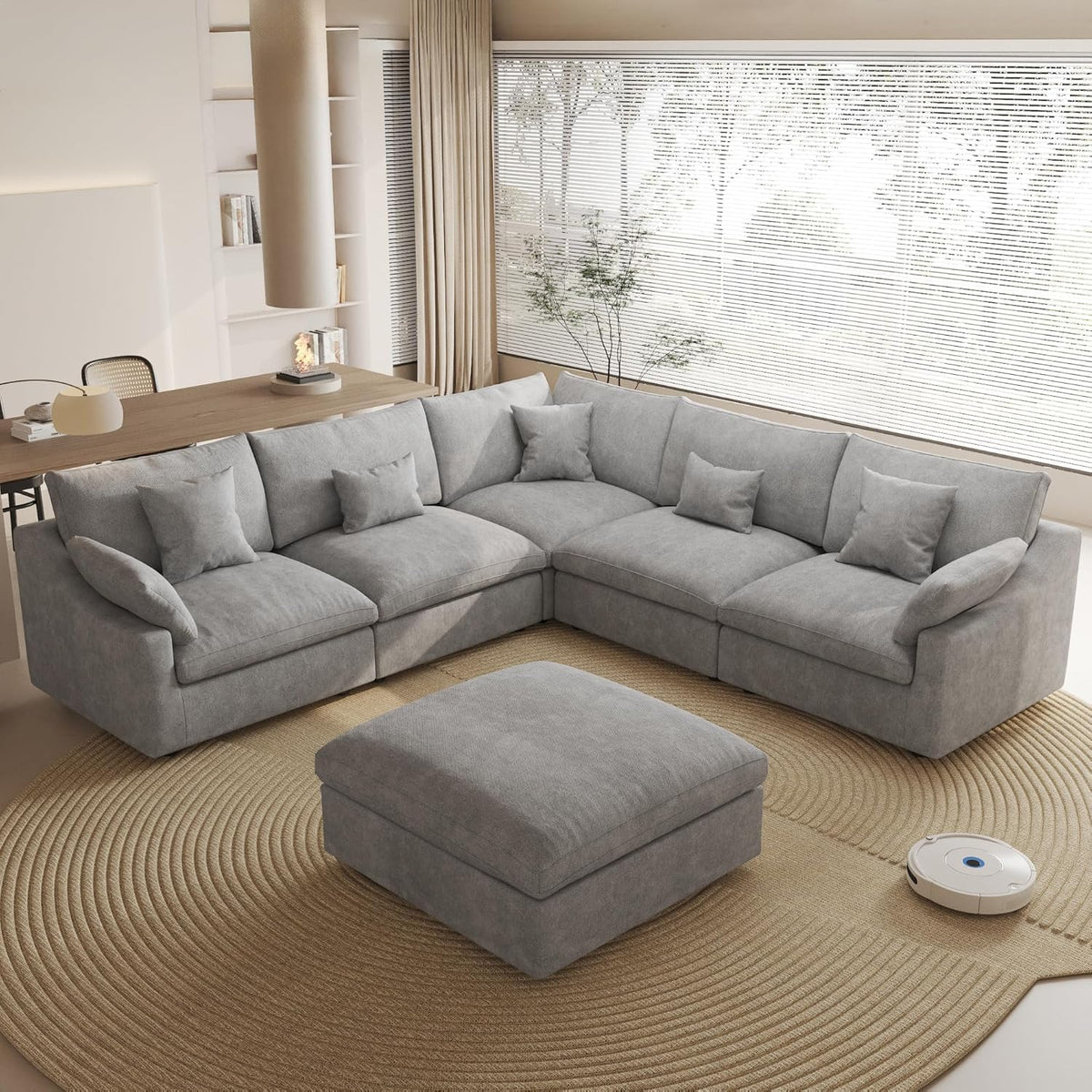 WJShome Modular Sectional Sofa Couch, 119.29" V-Shaped Modular Sofas with Ottoman, Down Filled Convertible Sofa for Living Room, 6 Seat Wide Couches,Cushion Covers Removable, Gray