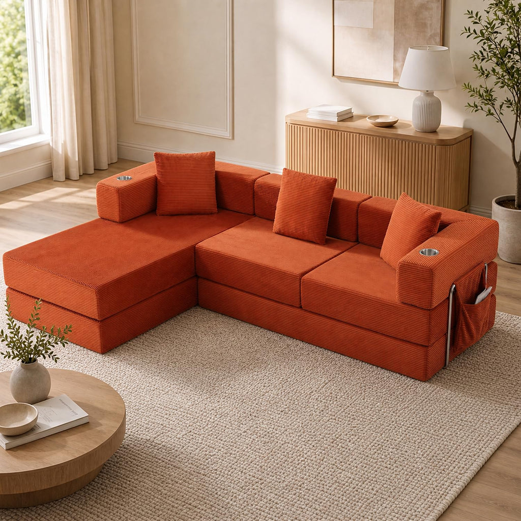108" Modular Sectional Sofa Bed, L-Shaped Boneless Couch, Yellow