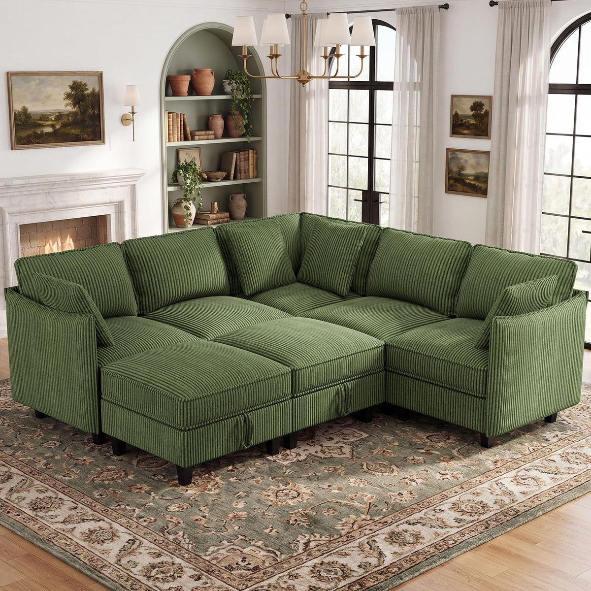 WorthFurni 84.8" Modular Sectional Sofa, 6 Seater Corner Sofa Modern V-Shaped Couch with 1 Storage Ottoman, Comfortable Corduroy Sofa with Throw Pillows for Living Room, Apartment, Green