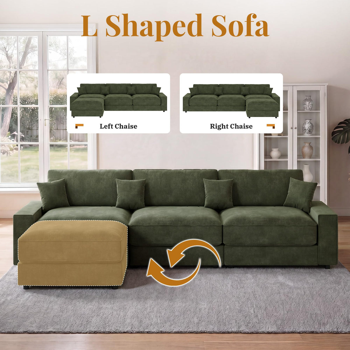 Vipbear 114" Modular Sectional L Shaped Sofa Couches,for Living Room,Oversized Cloud Couch with Movable Ottoman,Comfy Chenille Sofa with Pillow,Side Pockets,Bedroom,Apartment,Green