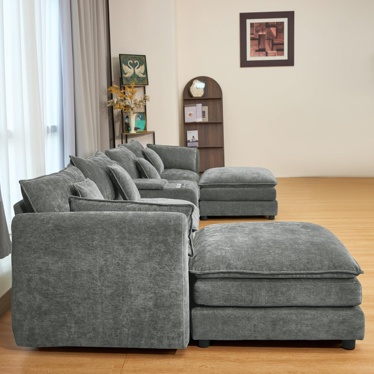 U Shaped Sectional Cloud Couch for Living Room,144" Comfy Fluffy Modular Sofa with Movable Ottoman Chenille 6 Seat Sectional Sofa Set with Storage Box, Cup Holders, Grey YP434