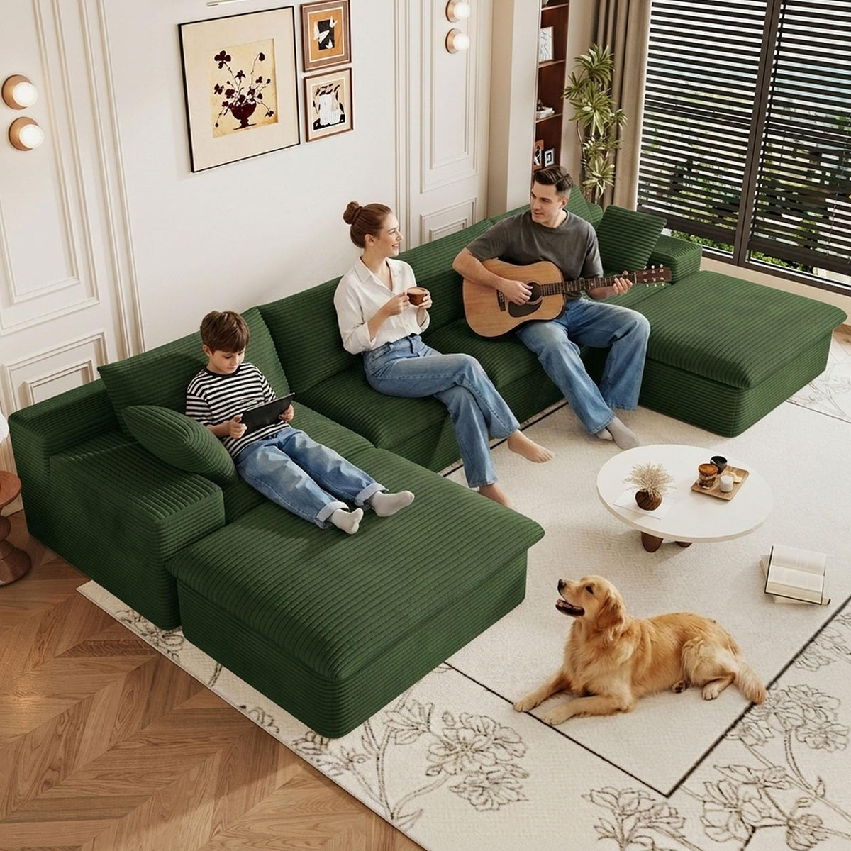 107" Cloud Couch Modular Sectional Couchs with Chaise Lounge, U-Shape Boneless Couches with Ottoman for Living Room, Corduroy Sofa with Deep Seat, No Assembly Required (Green, Left Facing Chaise)