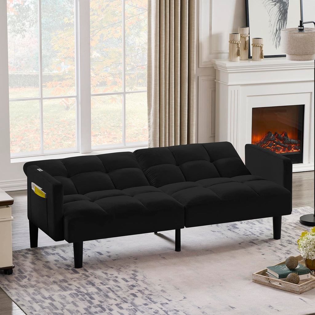 Velvet Futon Couch Convertible Folding Sofa Bed Tufted Couch for Apartment