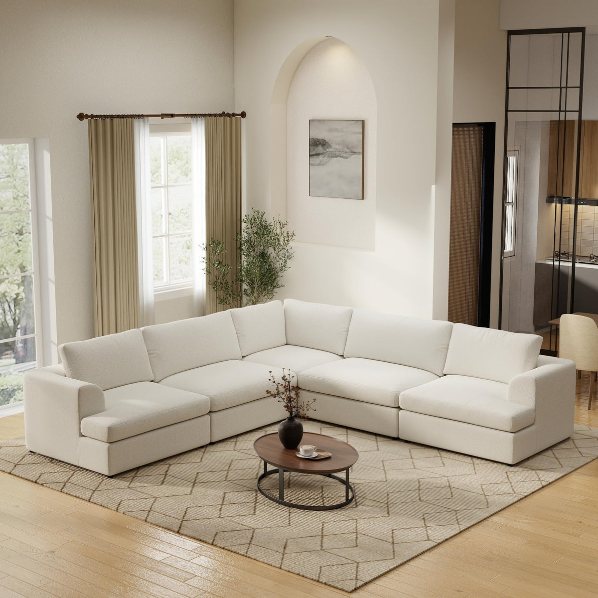 WJShome Modular Sectional Couches, V-Shaped Cloud Couch with Ottoman, High Density Sponge Cushion Sleeper Sofa Bed, Wooden Frame, Sherpa Fabric Sofa Furniture for Living Room, Apartment, White