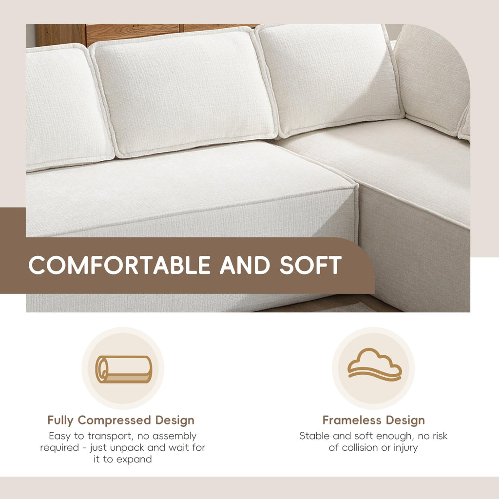 130" Ultra-Thick Chenille Modern Minimalist Style Modular Sectional Couch, Convertible Modular Cloud Sleeper Sofag, Modern Boneless Compressed Floor Sectional Sofa for Living Room, Beige