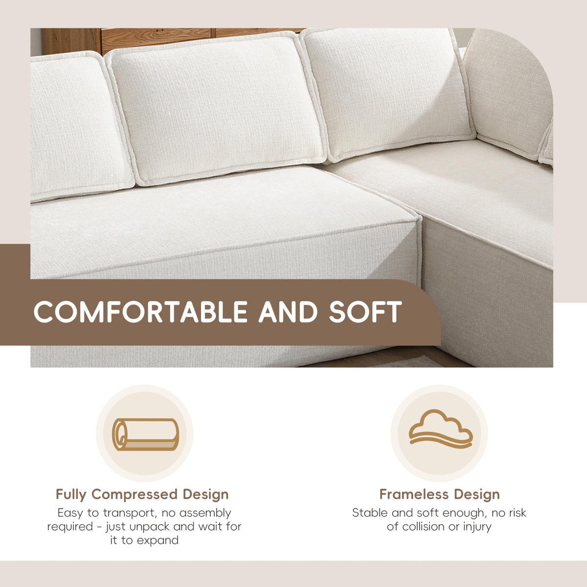 130" Ultra-Thick Chenille Modern Minimalist Style Modular Sectional Couch, Convertible Modular Cloud Sleeper Sofag, Modern Boneless Compressed Floor Sectional Sofa for Living Room, Beige