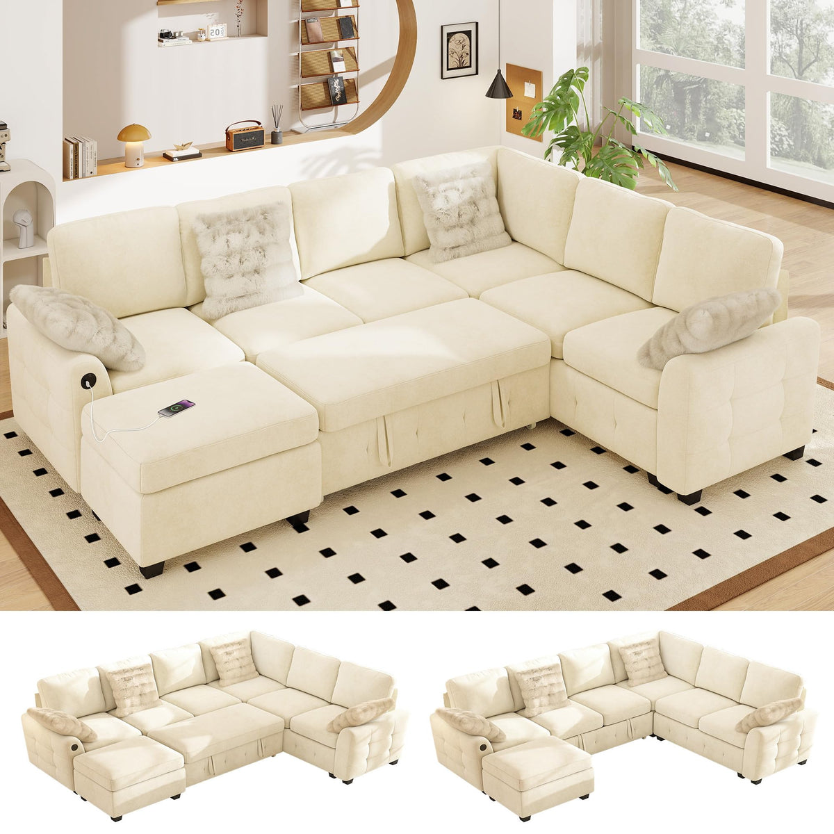 WorthFurni 104" Oversized 6 Seat L Shaped Sectional Sofa, Corduroy Convertible Couch with Pull Out Bed, Movable Storage Ottoman, USB Port, 2 Pillows & Storage Pocket for Living Room（Gray）