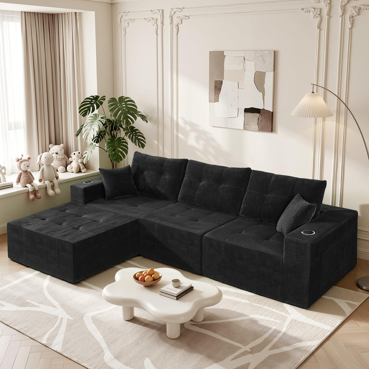 113" Boneless Modular Sectional Sofa, L-Shape Couch, 4-Seat Gray Corduroy