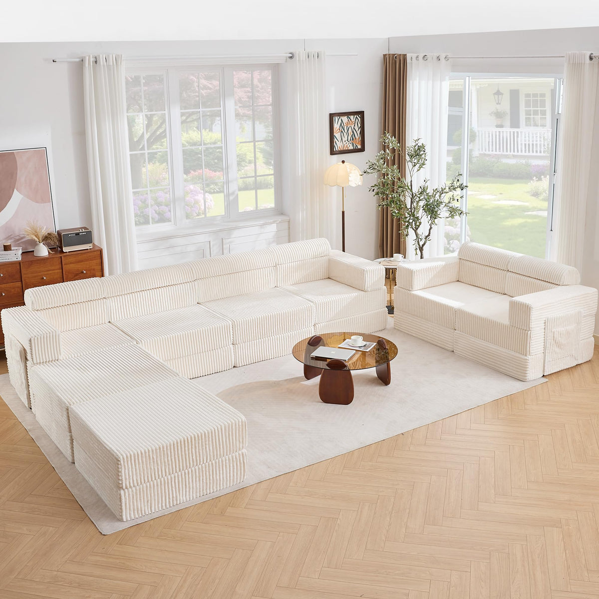 Tbfit Modular L Shaped Sectional Boneless Couch, Convertible Futon Sofa Bed, Corduroy Cloud Mattress Sleeper Sofa, Comfy Folding Upholstered Floor Couches for Living Room, Bedroom, Beige