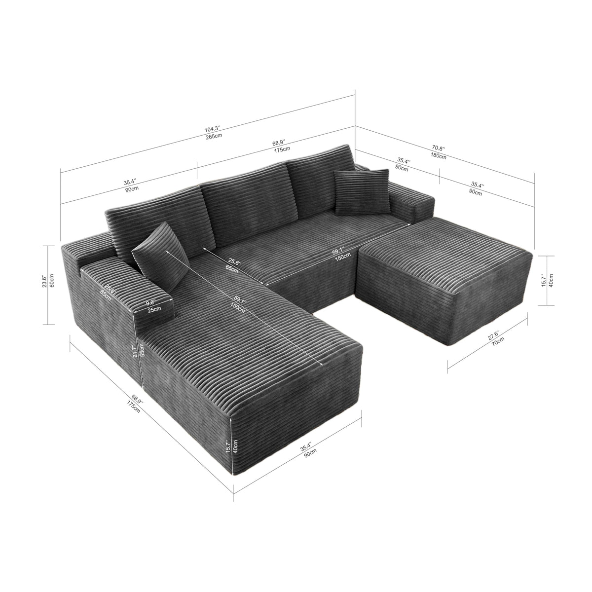 104.3 * 70.8" Modular sectional Sofa seat,Upholstered Compressed Couch for Living Room,Bedroom,Apartment,No Assembly Required,3 PC Free Combination,Plush Corduroy Fabric,Grey LL851