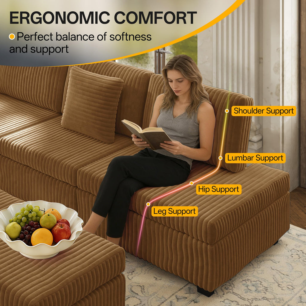 110" L-Shaped Modular Sectional Sofa with Pull Out Bed, Comfy Corduroy Cloud Couch with Removable Ottoman, USB, Storage & Cup Holders, Modern Sectional Sleeper Sofas for Living Room (Camel)