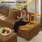 110" L-Shaped Modular Sectional Sofa with Pull Out Bed, Comfy Corduroy Cloud Couch with Removable Ottoman, USB, Storage & Cup Holders, Modern Sectional Sleeper Sofas for Living Room (Camel)