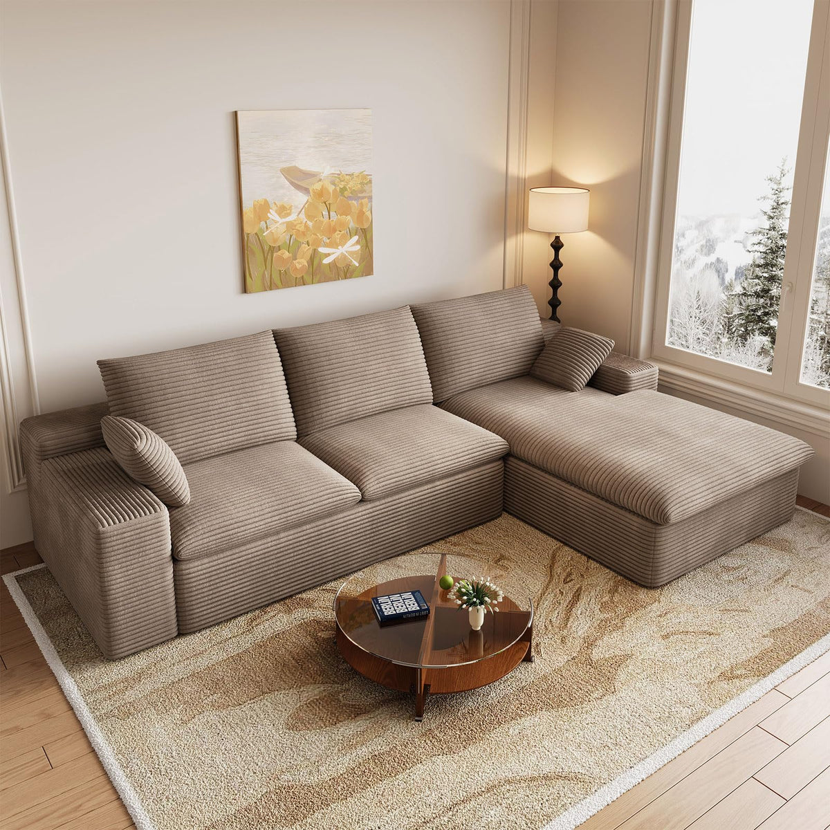 107" Cloud Couch Modular Sectional Couchs with Chaise Lounge, U-Shape Boneless Couches with Ottoman for Living Room, Corduroy Sofa with Deep Seat, No Assembly Required (Green, Left Facing Chaise)