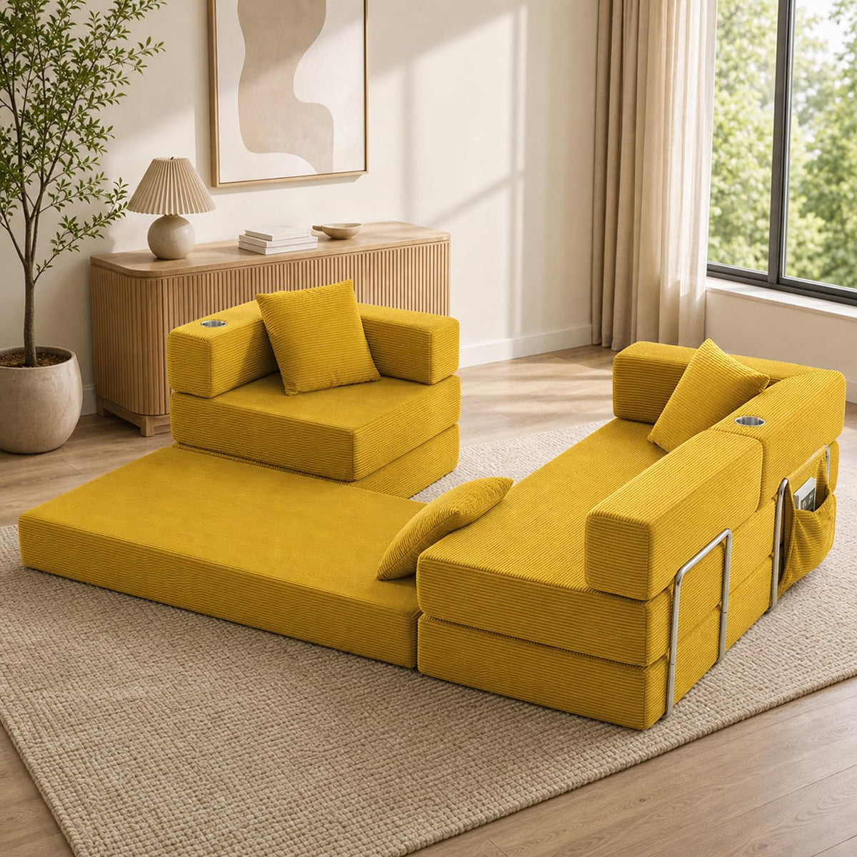 108" Modular Sectional Sofa Bed, L-Shaped Boneless Couch, Yellow
