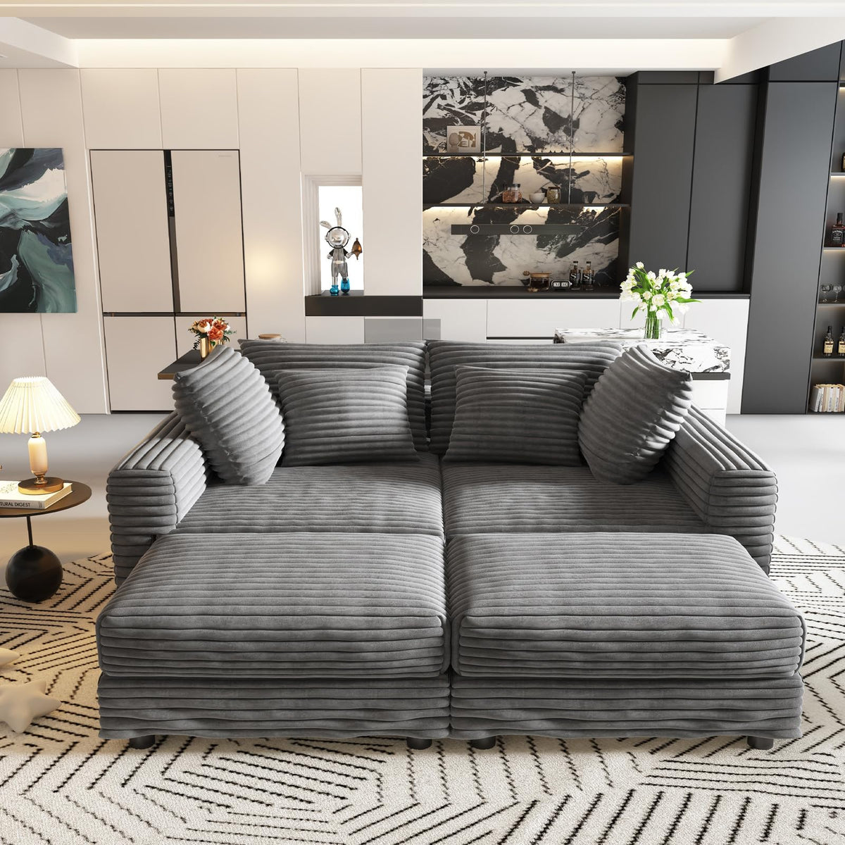 102.4'' Cloud Couch with 2 Ottomans, 4 Deep Seat Convertible Modular Sectional Sofa, Plush Corduroy & Memory Foam Couches with 6 Soft Pillows for Living Room, Apartment