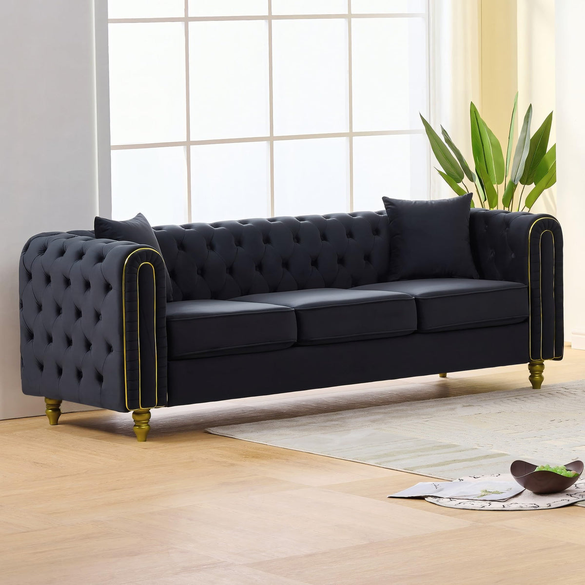 Velvet Chesterfield Sofa Set of 2, Mid Century Modern Deep Seat Loveseat + 3 Seater Couch with Golden Legs and Button Tufted, Upholstered Comfy Sofa with 2 Pillows for Living Room, Black Gold