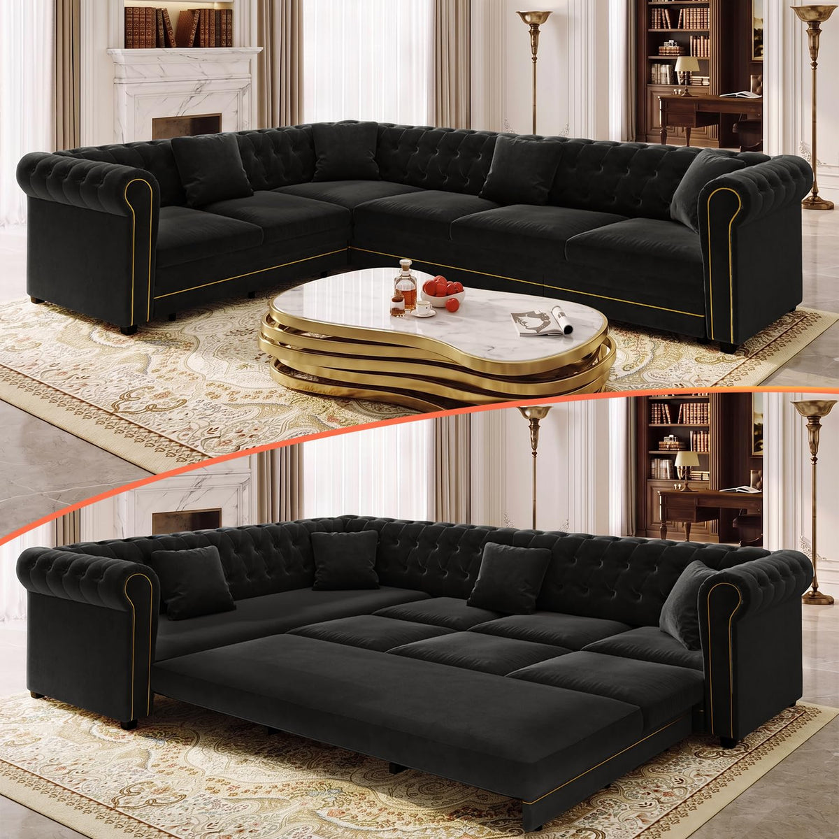 115.3" L-shaped Couch with Pull Out Sofa Bed, Velvet Couch Gold Trim, Beige