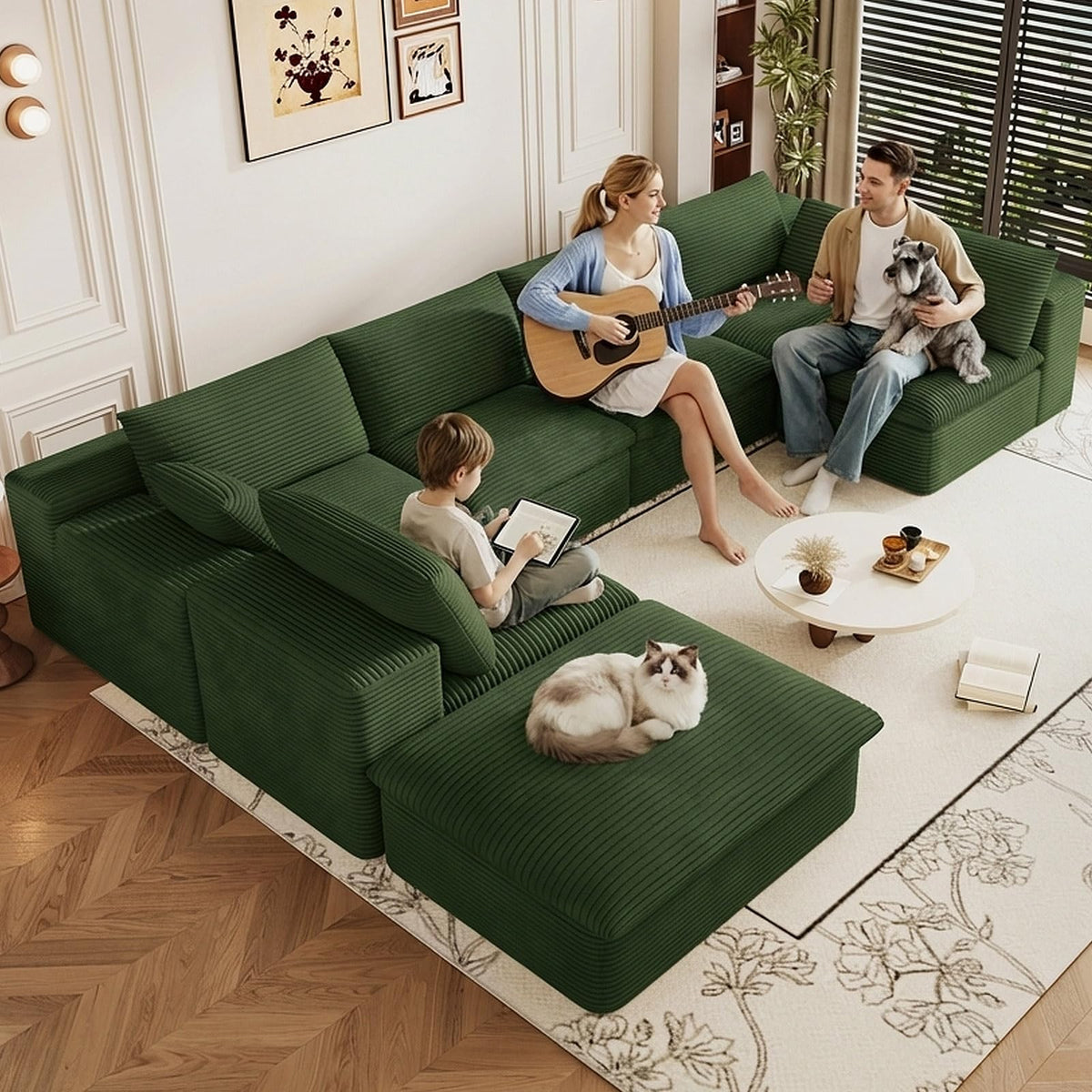 107" Cloud Couch Modular Sectional Couchs with Chaise Lounge, U-Shape Boneless Couches with Ottoman for Living Room, Corduroy Sofa with Deep Seat, No Assembly Required (Green, Left Facing Chaise)