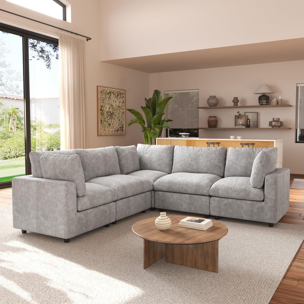 120" Cloud Couch Chenille Sectional Sofa for Livingroom Beige