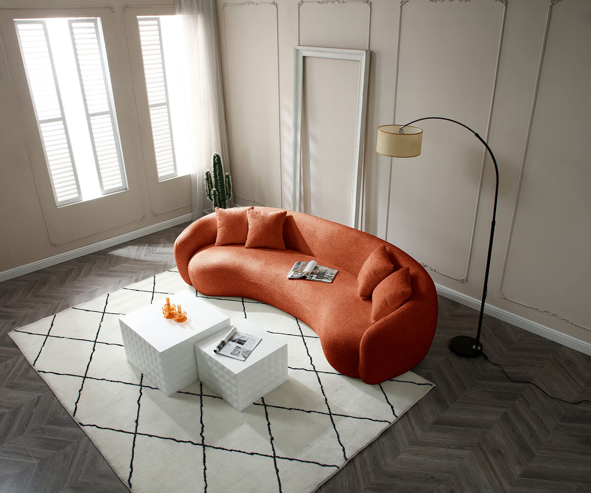 102'' Modern Minimalist Curved Lounge Sofa Oversized Teddy Velvet Fabric Upholstered 5-Seater Comfortable Half-Moon Sofa with 4 Cushions for Offices, Apartments and Living Rooms (Brown + Boucle)