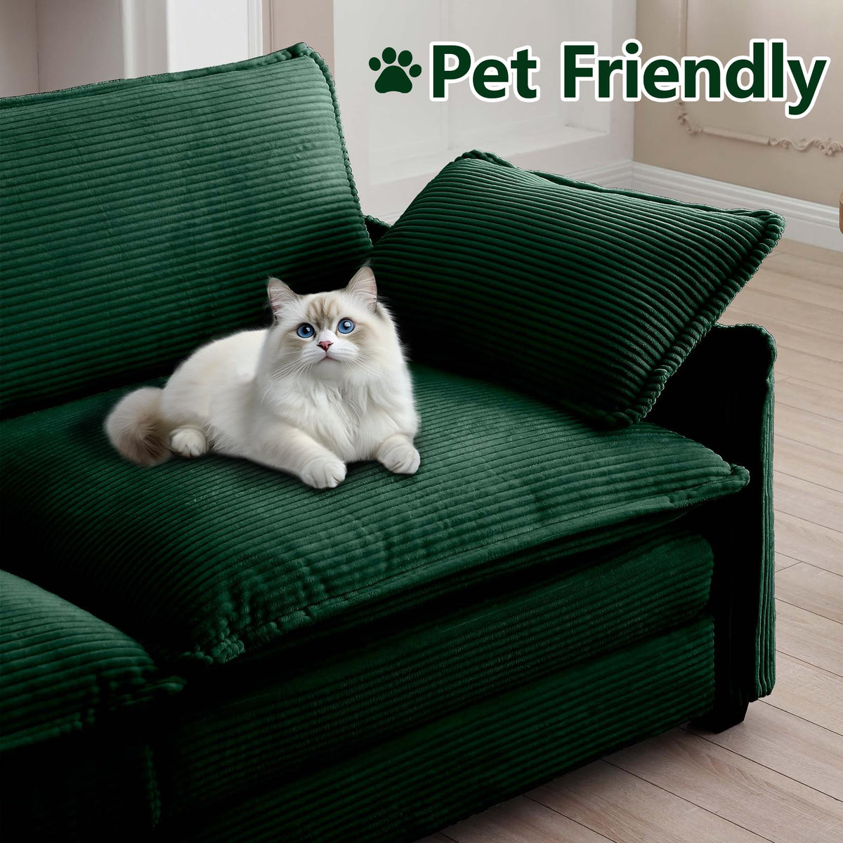 115" Oversize Modular Cloud Couch Sectional - Deep Seat U-Shaped Sofa, 3 Seats with 2 Ottomans,Pet-Friendly Fabric,Green Corduroy