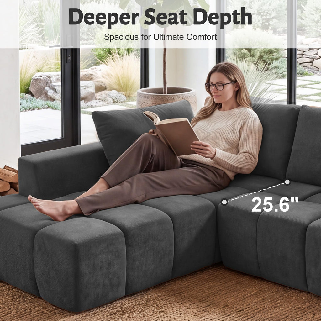 116" Modular Boneless Couch for Living Room, Modern Sectional Chenille Sofa with Oversized Deep Seat,Cloud Couch with L-Shape Chaise,No Assembly Required,Gray