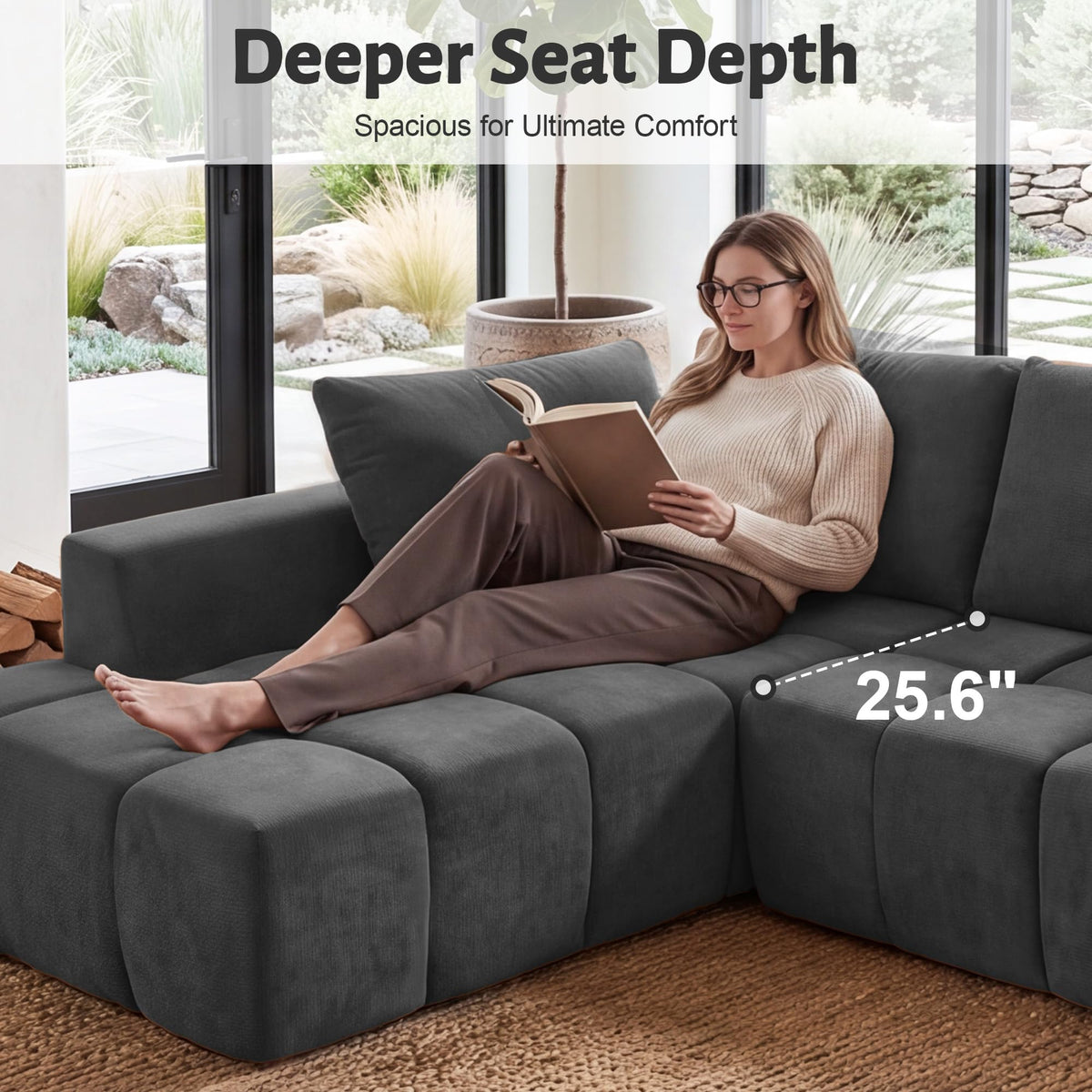 116" Modular Boneless Couch for Living Room, Modern Sectional Chenille Sofa with Oversized Deep Seat,Cloud Couch with L-Shape Chaise,No Assembly Required,Gray