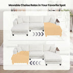 114" Cloud Sectional Couch with L-Shape Reversible Chaise, Modern Corduroy L Shaped Couch with 2 Pillows & Storage Armrests, 4 Seater Sectional Couches for Living Room, Plush Corduroy, White