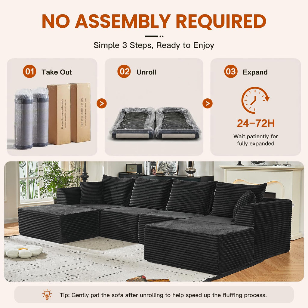 130" Modular Sectional Sofa with Ottoman, U-Shaped Corduroy Couch