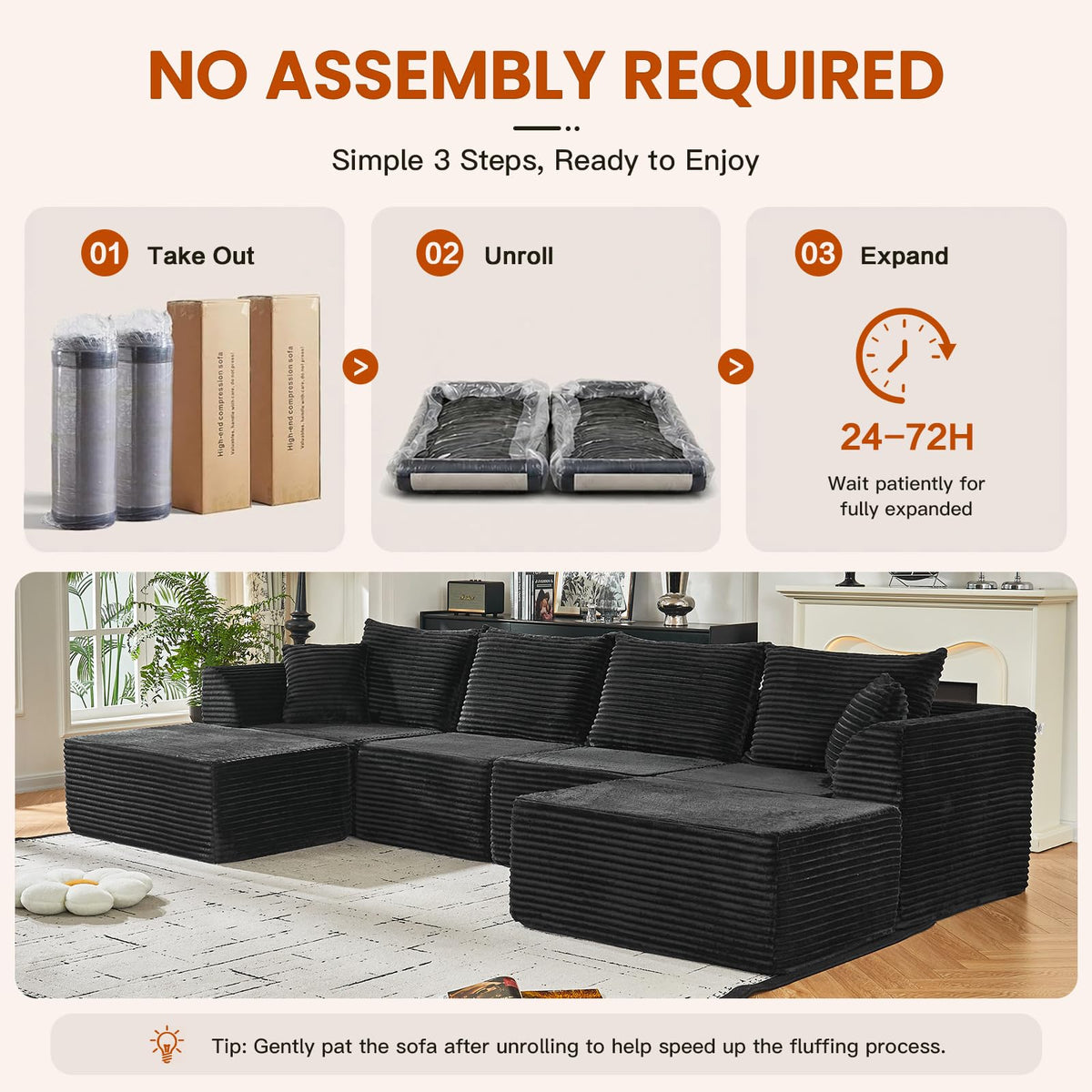 130" Modular Sectional Sofa with Ottoman, U-Shaped Corduroy Couch