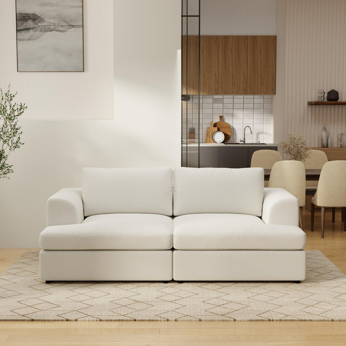 WJShome Modular Sectional Couches, V-Shaped Cloud Couch with Ottoman, High Density Sponge Cushion Sleeper Sofa Bed, Wooden Frame, Sherpa Fabric Sofa Furniture for Living Room, Apartment, White