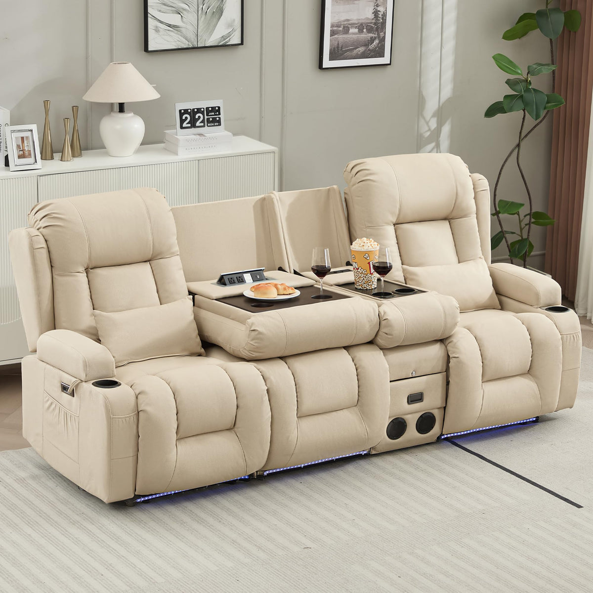 TUNYI Wall Hugger Loveseat Recliner Sofa with Console, Power Reclining Loveseat RV Couch with Massage & Heat/USB/Outlet/Storage/LED Light/Speaker (Blue, 2 Seat with Console)