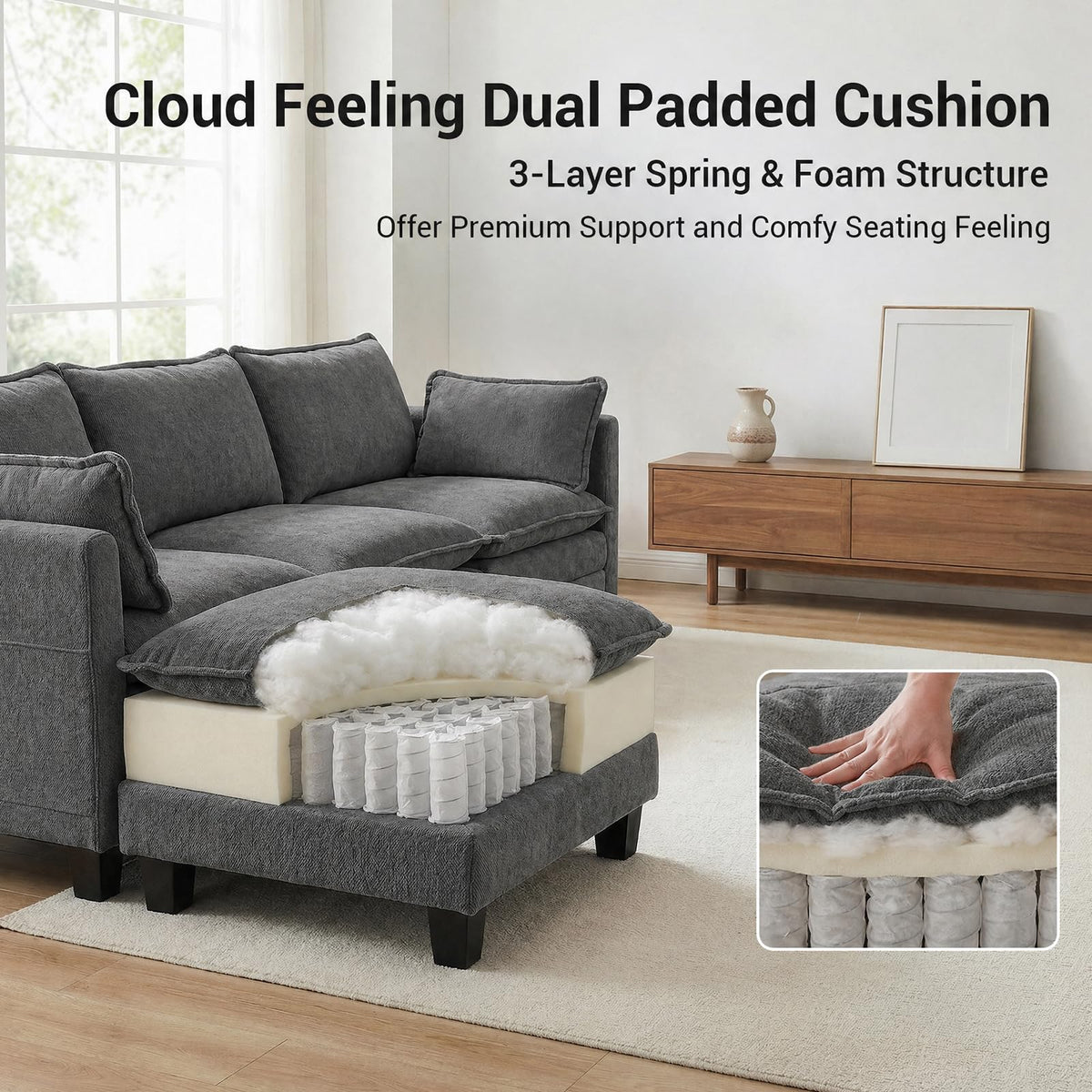108" Modular Sectional Sofa Cloud Couch - U Shape Sofa with Charging Station Side Storage - Chenille Comfy Couches with Ottoman Movable for Living Room Bedroom Apartment Office, Dark Grey