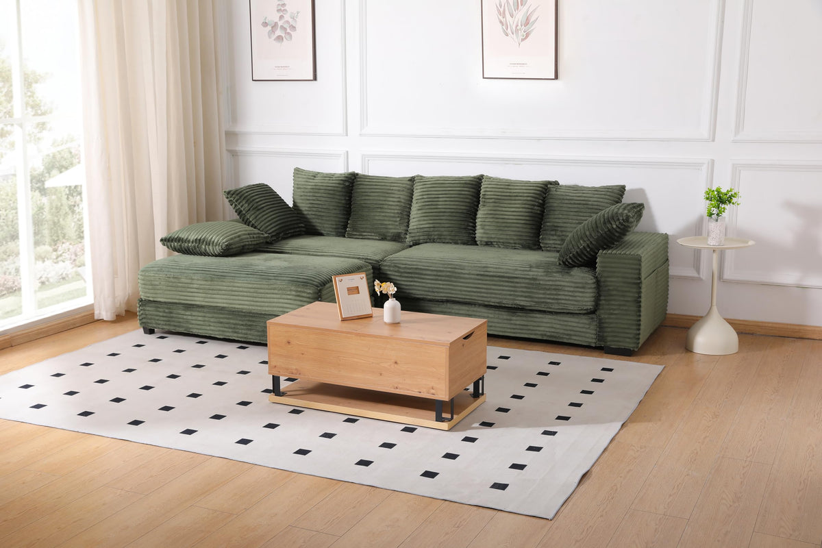 108.6" Sectional Sofa, Thickened Corduroy Sectional Couches for Living Room,Comfortable L Shaped Chaise Sectional Sofa with Storage Ottoman,Eight Throw Pillows,Green