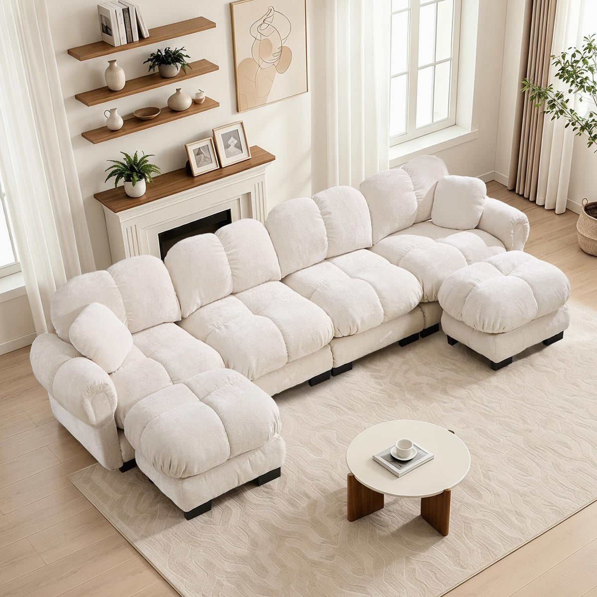 103.9" Modular Cloud Couch, Oversize U-Shaped Sectional Sofa with Ottoman, Deep Seat Chenille Couch, Anti-Slip Design, Modern 3-Seater Sofa for Living Room/Apartment/Bedroom, Brown