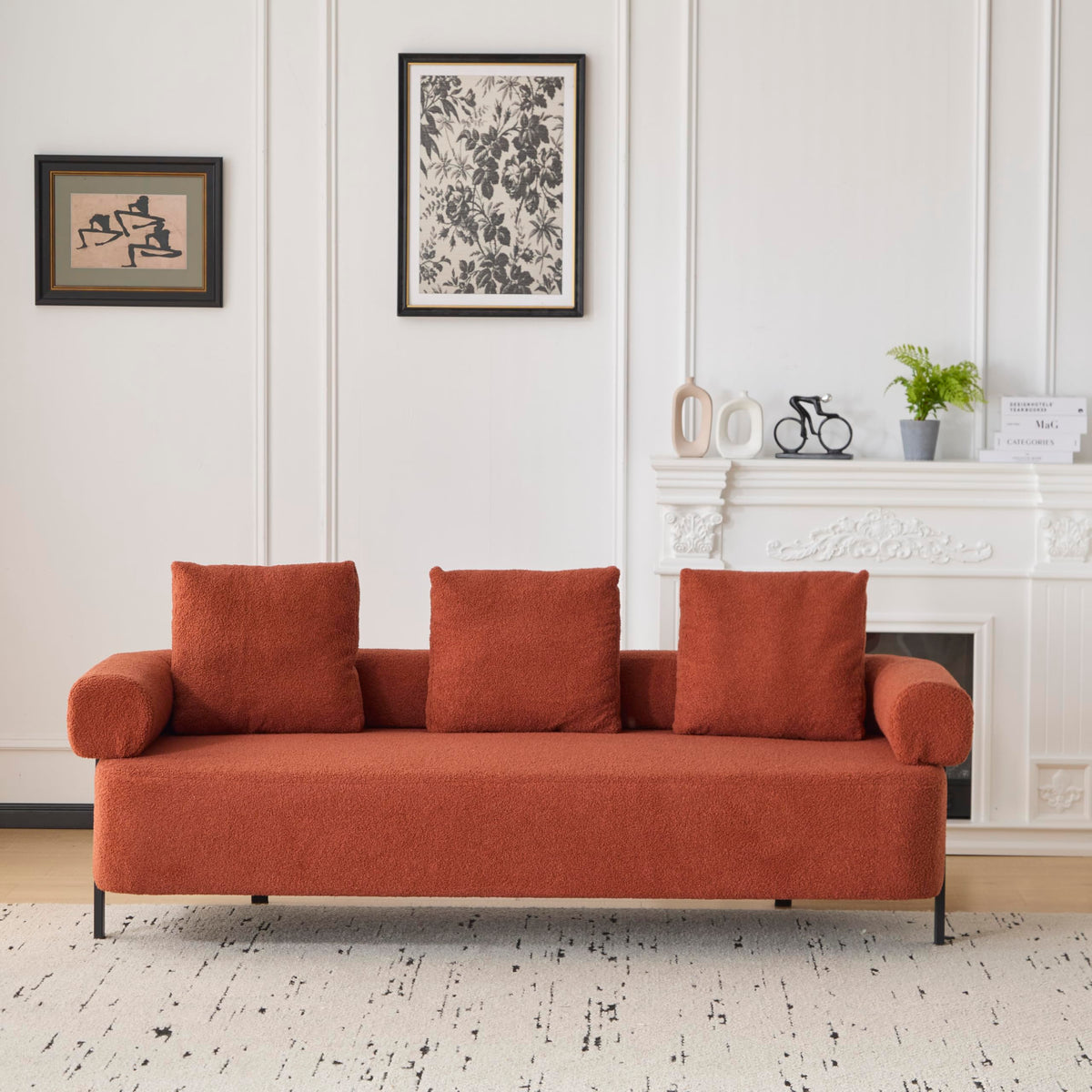 78" 3 Seater Orange Upholstered Sofa, Oversized Comfy Couch with 3 Plush Pillows for Living Room, Bedroom, Apartment