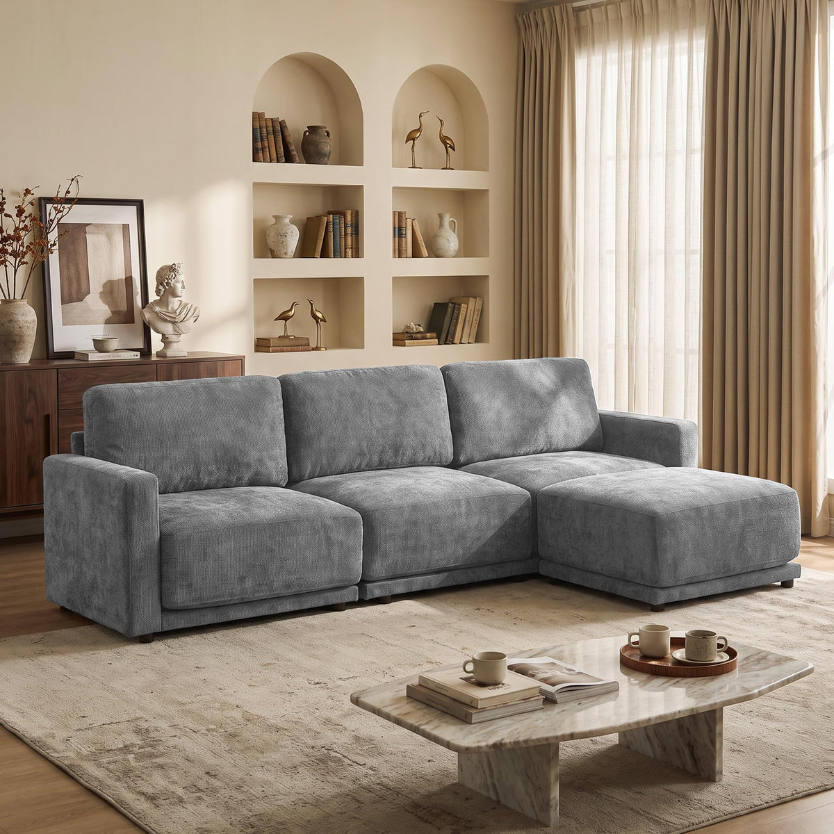 110.6" Modular Sectional Sofa with Ottoman, Upholstered L Shaped Sectional Couch with Thick Cushions, Oversized Chenille Comfy 4 Seater Sofas for Living Room, Easy Assembly, White